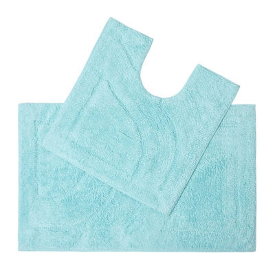 Homescapes Luxury Reversible Cotton Bath Mat Set - Aqua - image 1