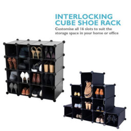 Amos 16 Pair Interlocking Cube Shoe Storage Rack Organiser With Adjustable Modular Slot Shelf Box  - Black - thumbnail 2