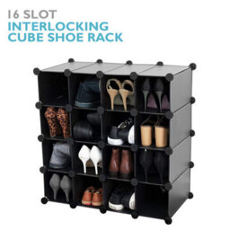 Amos 16 Pair Interlocking Cube Shoe Storage Rack Organiser With Adjustable Modular Slot Shelf Box  - Black - thumbnail 1