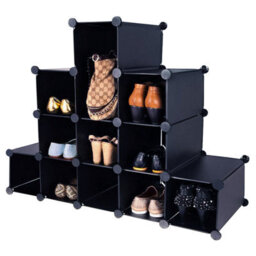 Amos 16 Pair Interlocking Cube Shoe Storage Rack Organiser With Adjustable Modular Slot Shelf Box  - Black - thumbnail 5