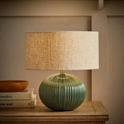 Ceramic Table Lamp Ribbed Green Base Linen Lampshade Living Room Bedroom Light Led Bulb - thumbnail 3