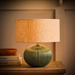 Ceramic Table Lamp Ribbed Green Base Linen Lampshade Living Room Bedroom Light Led Bulb - thumbnail 6
