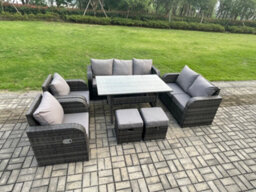 Fimous 9 Seater Lounge Rattan Sofa Set Outdoor Garden Furniture Rectangular Dining Table With Adjustable Chair Love Sofa - thumbnail 2