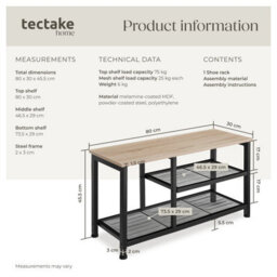 Tectake Shoe Rack Taunton - Surface Shelf And 2 Grid Shelves, Industrial Style -  - Industrial Wood Light, Oak Sonoma - thumbnail 6