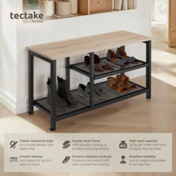Tectake Shoe Rack Taunton - Surface Shelf And 2 Grid Shelves, Industrial Style -  - Industrial Wood Light, Oak Sonoma - thumbnail 2