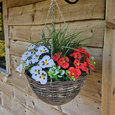 Best Artificial 14 Inch / 35Cm Red & White Faux Pansy Flower With Rattan Wicker Hanging Basket For Indoor Or Outdoor Use - image 1