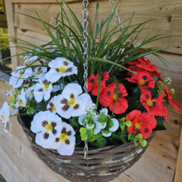 Best Artificial 14 Inch / 35Cm Red & White Faux Pansy Flower With Rattan Wicker Hanging Basket For Indoor Or Outdoor Use - thumbnail 4