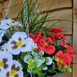 Best Artificial 14 Inch / 35Cm Red & White Faux Pansy Flower With Rattan Wicker Hanging Basket For Indoor Or Outdoor Use - thumbnail 3