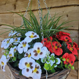 Best Artificial 14 Inch / 35Cm Red & White Faux Pansy Flower With Rattan Wicker Hanging Basket For Indoor Or Outdoor Use - thumbnail 2