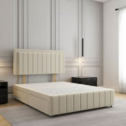 REGIONAL FURNISHINGS Cream Plush Velvet Divan Bed Set Upholstered 24Inch Headboard & Footboard & 2Drawers Sameside & No Mattress In All Sizes - thumbnail 1