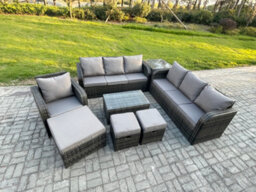 Fimous 10 Seater Rattan Lounge Sofa Set Outdoor Garden Furniture Set With Rectangular Coffee Table 3 Seater Sofa - thumbnail 2