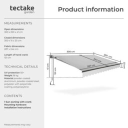 Tectake Retractable Awning Ornella - Wall Bracket Incl, Easy Adjustment, And Uv Blocking 300 X 250 Cm - Light Grey - thumbnail 6