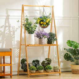 Living And Home 2-Tier Natural Bamboo Plant Stand Planter Rack With Hanging Bar