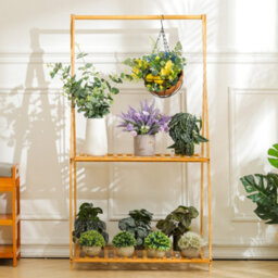 Living And Home 2-Tier Natural Bamboo Plant Stand Planter Rack With Hanging Bar - thumbnail 2
