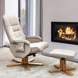 Wyld and Coco Zenhaven Heated Massage Recliner Armchair Beige Faux Leather With Built-In Footrest And Remote - thumbnail 2