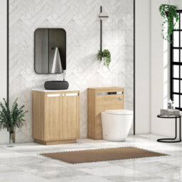 Royal Bathrooms Orion 600mm Natural Oak Floor Standing Plain White Countertop Vanity Unit 2 Door With Milan Black Basin & Chrome Accent Trim - thumbnail 3