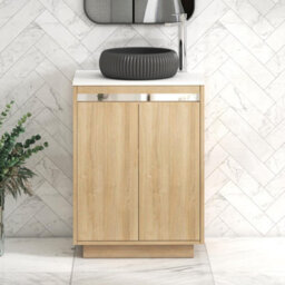 Royal Bathrooms Orion 600mm Natural Oak Floor Standing Plain White Countertop Vanity Unit 2 Door With Milan Black Basin & Chrome Accent Trim