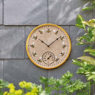 Bee Wall Clock & Thermometer - Battery Powered Weather Resistant Indoor Outdoor Quartz Clock With Temperature Dial - 30Cm Diameter - image 1