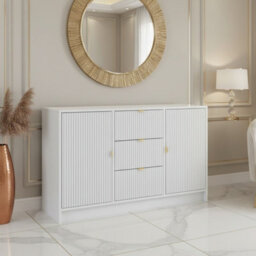 Tireno 2D3Sz White Velvet Grooved Chest Of Drawers Sideboard For Living Room Bedroom Modern Loft 2 Doors 3 Drawers 118 Cm Storage