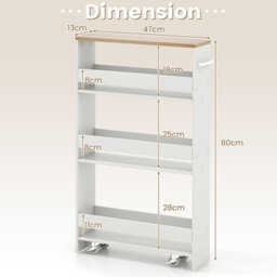 Costway 4-Tier Slim Storage Cart Narrow Rolling Kitchen Serving Cart W/ Open Shelves - thumbnail 3