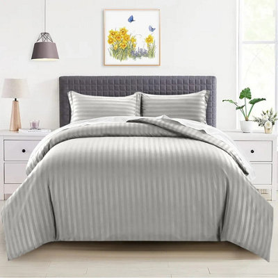Ameha Stripe Duvet Set With Pillowcase Silver Single Size 135X200Cm Reversible, Breathable & Soft Microfiber Cover - image 1
