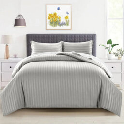 Ameha Stripe Duvet Set With Pillowcase Silver Single Size 135X200Cm Reversible, Breathable & Soft Microfiber Cover - thumbnail 1