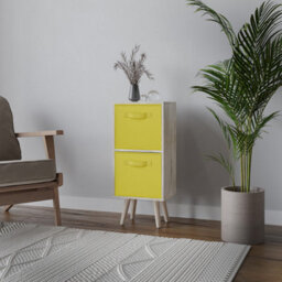 Urbn-Living Urbnliving 54Cm Height Antique Oak Wooden 2 Tier Storage Bookcase Pine Legs Bedroom Yellow Inserts