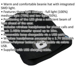 Beanie Hat With Integrated Spotlight - 4 Smd Led - Built In Wireless Headphones - thumbnail 2