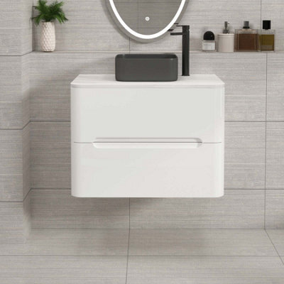 Royal Bathrooms Venice 700mm Gloss White Wall Mounted Bathroom Countertop Vanity Unit 2 Drawer With Art Square Basin - image 1