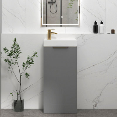 Royal Bathrooms Royal Bathroom Como 400mm Floor Standing Cloakroom Vanity Unit Ceramic Basin 1 Door Indigo Grey Gloss With Brushed Brass Handle - image 1
