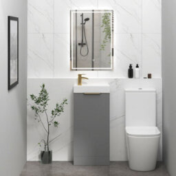 Royal Bathrooms Royal Bathroom Como 400mm Floor Standing Cloakroom Vanity Unit Ceramic Basin 1 Door Indigo Grey Gloss With Brushed Brass Handle - thumbnail 4