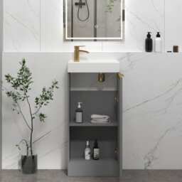 Royal Bathrooms Royal Bathroom Como 400mm Floor Standing Cloakroom Vanity Unit Ceramic Basin 1 Door Indigo Grey Gloss With Brushed Brass Handle - thumbnail 5