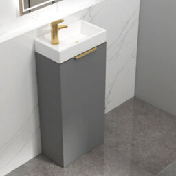 Royal Bathrooms Royal Bathroom Como 400mm Floor Standing Cloakroom Vanity Unit Ceramic Basin 1 Door Indigo Grey Gloss With Brushed Brass Handle - thumbnail 6
