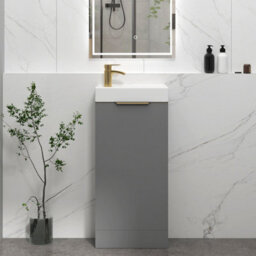 Royal Bathrooms Royal Bathroom Como 400mm Floor Standing Cloakroom Vanity Unit Ceramic Basin 1 Door Indigo Grey Gloss With Brushed Brass Handle - thumbnail 1
