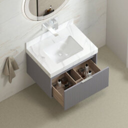 Royal Bathrooms Florina 750mm Rock Grey Wall Hung Bathroom Vanity Unit Cabinet Storage With Carrara White Top & Chrome Handle - thumbnail 4