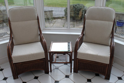 Gardenmarketplace Verona Cane Conservatory Furniture Duo Set- 2 Chairs And A Side Table- Cream Colour Fabric - image 1
