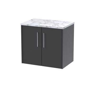 Hudson Reed Juno Wall Hung 2 Soft Close Door Vanity Unit With Laminate Worktop In Graphite Grey Woodgrain Finish, 605mm - image 1