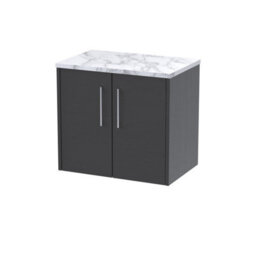 Hudson Reed Juno Wall Hung 2 Soft Close Door Vanity Unit With Laminate Worktop In Graphite Grey Woodgrain Finish, 605mm - thumbnail 2