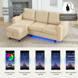 Abrihome L-Shaped Sofa Bed With Storage, 3-Seater Sleeper With Usb Charging & Led Lighting, Convertible Settee For Apartments, Beige - thumbnail 5