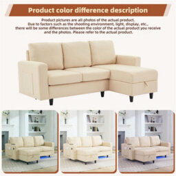 Abrihome L-Shaped Sofa Bed With Storage, 3-Seater Sleeper With Usb Charging & Led Lighting, Convertible Settee For Apartments, Beige - thumbnail 2