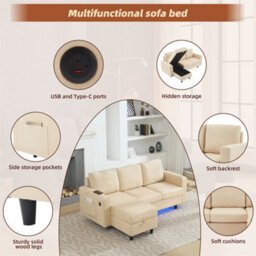 Abrihome L-Shaped Sofa Bed With Storage, 3-Seater Sleeper With Usb Charging & Led Lighting, Convertible Settee For Apartments, Beige - thumbnail 3