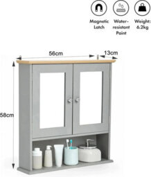 Grey Double Door Mirrored Bathroom Cabinet With Wood Effect Top Wall Mounted Cupboard With Shelves H58Xw56Xd13Cm - thumbnail 7