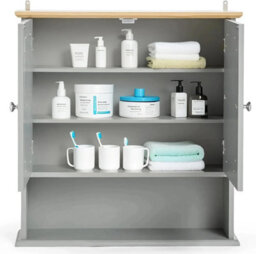 Grey Double Door Mirrored Bathroom Cabinet With Wood Effect Top Wall Mounted Cupboard With Shelves H58Xw56Xd13Cm - thumbnail 5