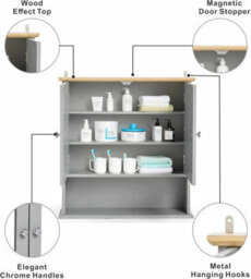 Grey Double Door Mirrored Bathroom Cabinet With Wood Effect Top Wall Mounted Cupboard With Shelves H58Xw56Xd13Cm - thumbnail 6