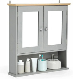 Grey Double Door Mirrored Bathroom Cabinet With Wood Effect Top Wall Mounted Cupboard With Shelves H58Xw56Xd13Cm