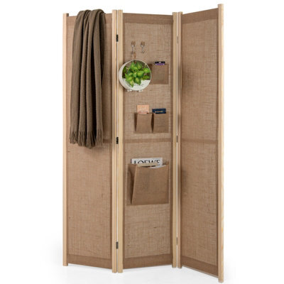 Costway 3-Panel Faux Linen Room Divider 120 Cm Tall Folding Privacy Screen W/ Storage Bags Natural - image 1