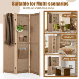 Costway 3-Panel Faux Linen Room Divider 120 Cm Tall Folding Privacy Screen W/ Storage Bags Natural - thumbnail 9