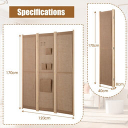 Costway 3-Panel Faux Linen Room Divider 120 Cm Tall Folding Privacy Screen W/ Storage Bags Natural - thumbnail 2