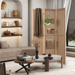 Costway 3-Panel Faux Linen Room Divider 120 Cm Tall Folding Privacy Screen W/ Storage Bags Natural - thumbnail 3