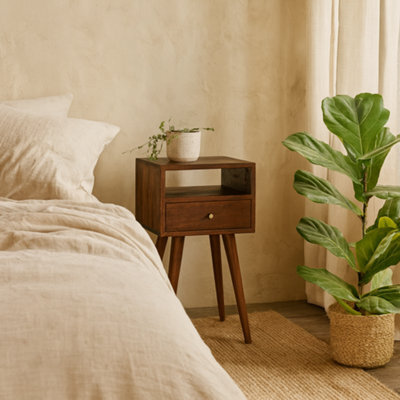 Wyld Haus Kood Mini Cherry Mango Wood Bedside Table - 1 Drawer, Open Shelf, Nordic Legs - image 1